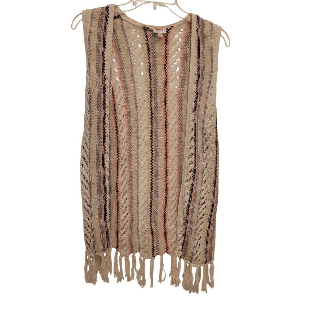 Justice Girls Tribal Stripe Crochet Fringe Vest Cardigan Size 10